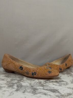 Joan & David Tan suede flats with blue/gold floral embroidery/ beadwork S-9-1/2M